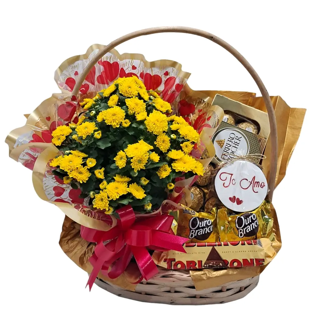 Cesta com flor e chocolates – Amor de ouro